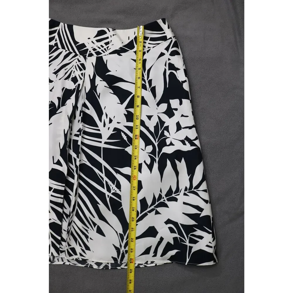 ANN TAYLOR ALine Midi Skirt Womens Size 14 Black White Tropical‎ Palm Trees Silk